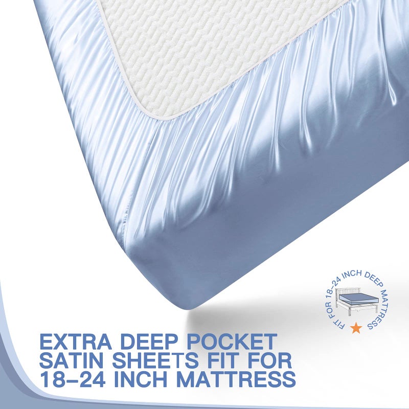 VACVELT 4pcs Extra Deep Pocket Queen Size Bedding Set  Baby Blue Luxury Satin Sheet Set Fit 18-24 Inch Deep Pocket Mattress  Soft & Ultra Deep Fitted Sheet Set - Image 5